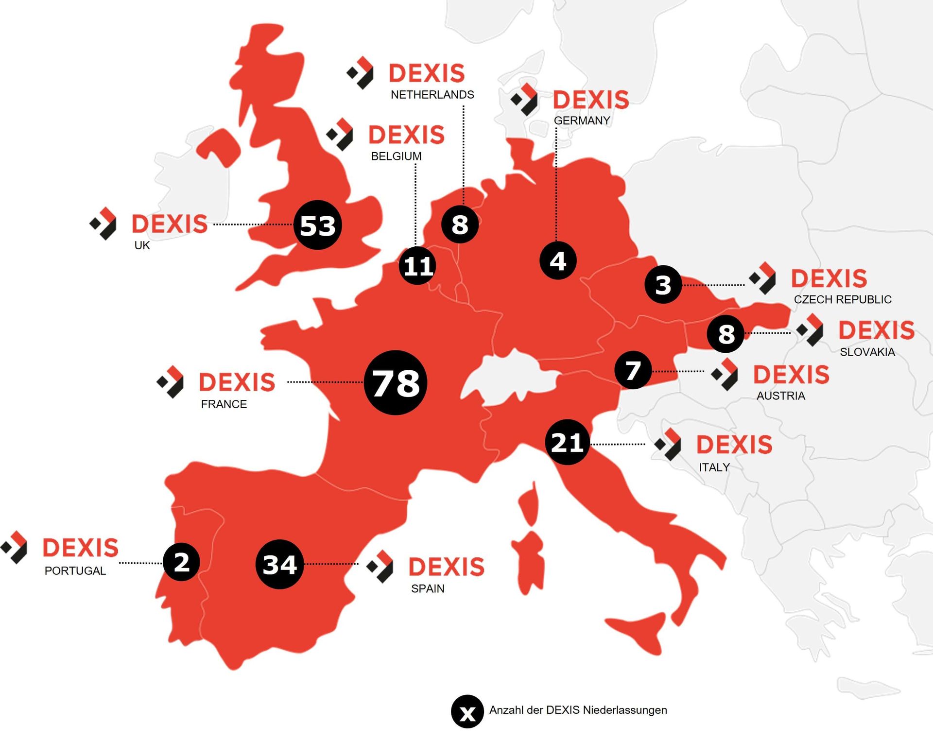 Europakarte mit DEXIS Niederlassungen